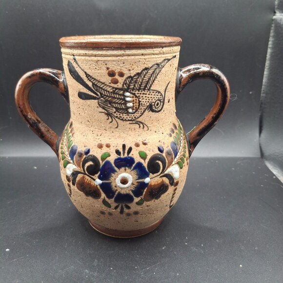 Handcrafted Signed Mexican Ceramic Vase Bird Floral Motif Double Handled Pottery - Picture 1 of 7